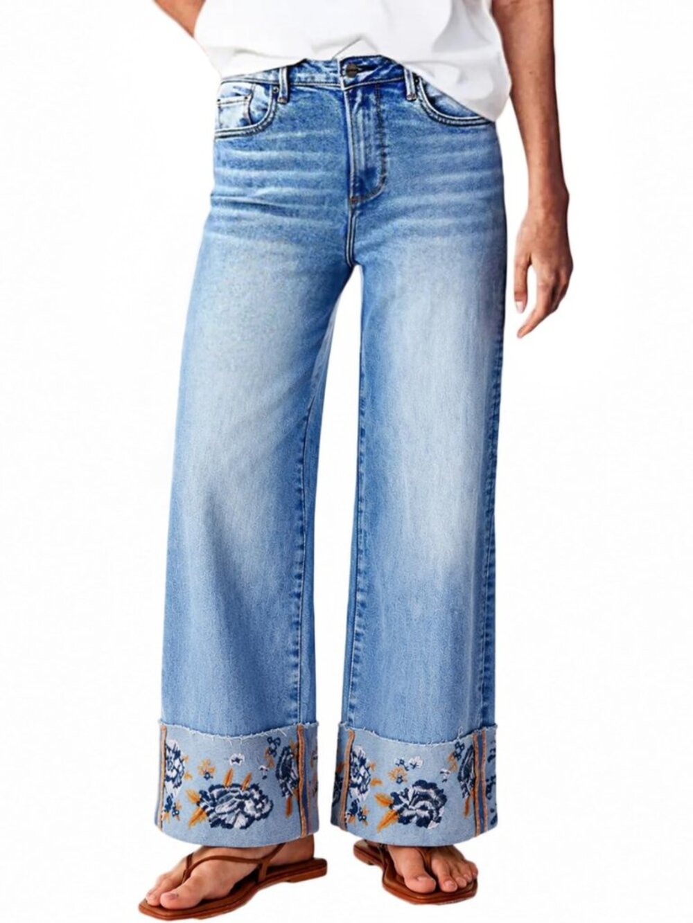 Embroidered Jeans for Women Straight Leg Cuffed Denim Jean Pants Stretchy Trendy